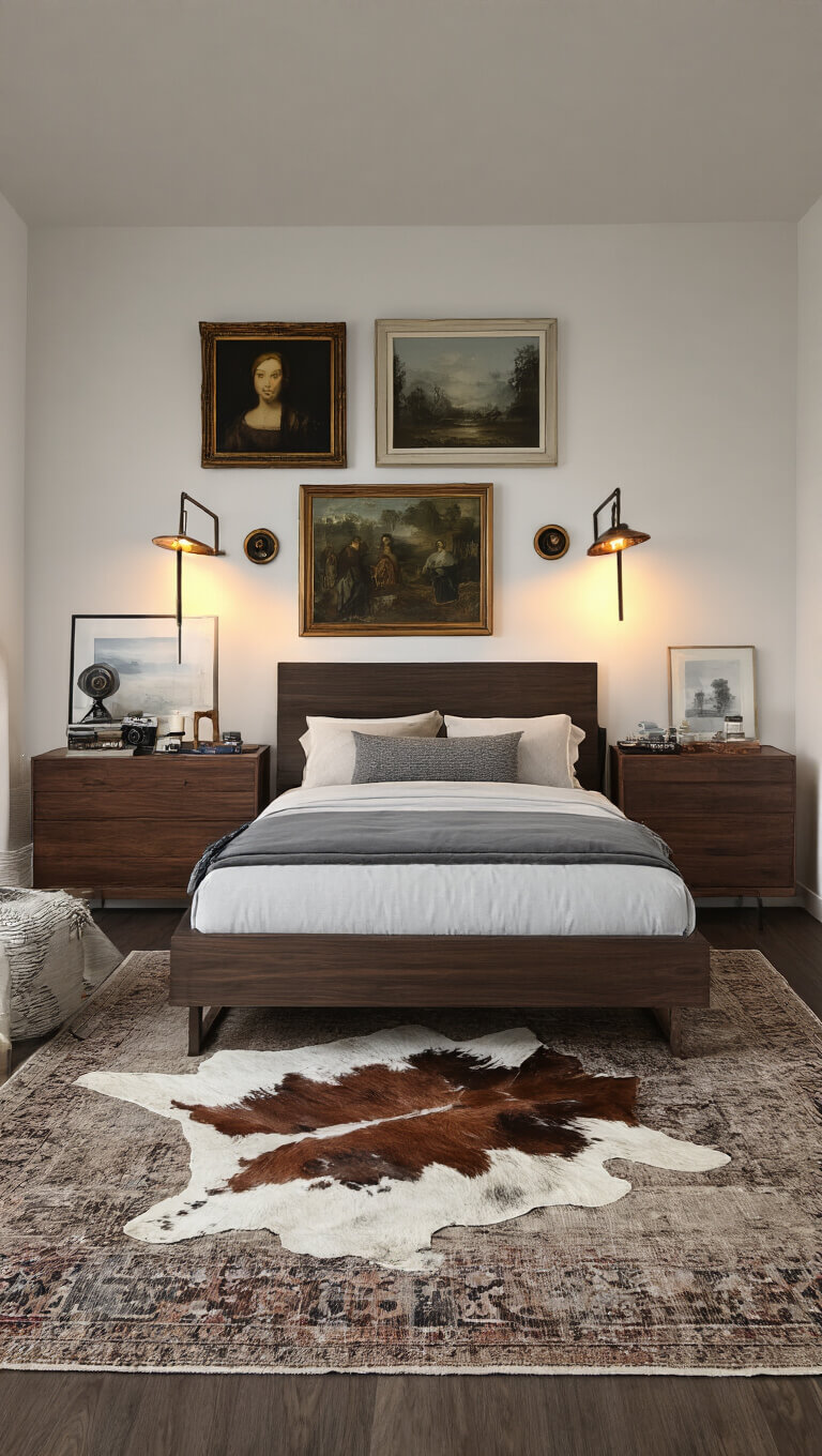 Moody 14x16ft bedroom with low walnut platform bed, mixed-metal lighting, layered rugs, gallery wall of vintage and modern art, and floating walnut credenza with curated objects.
