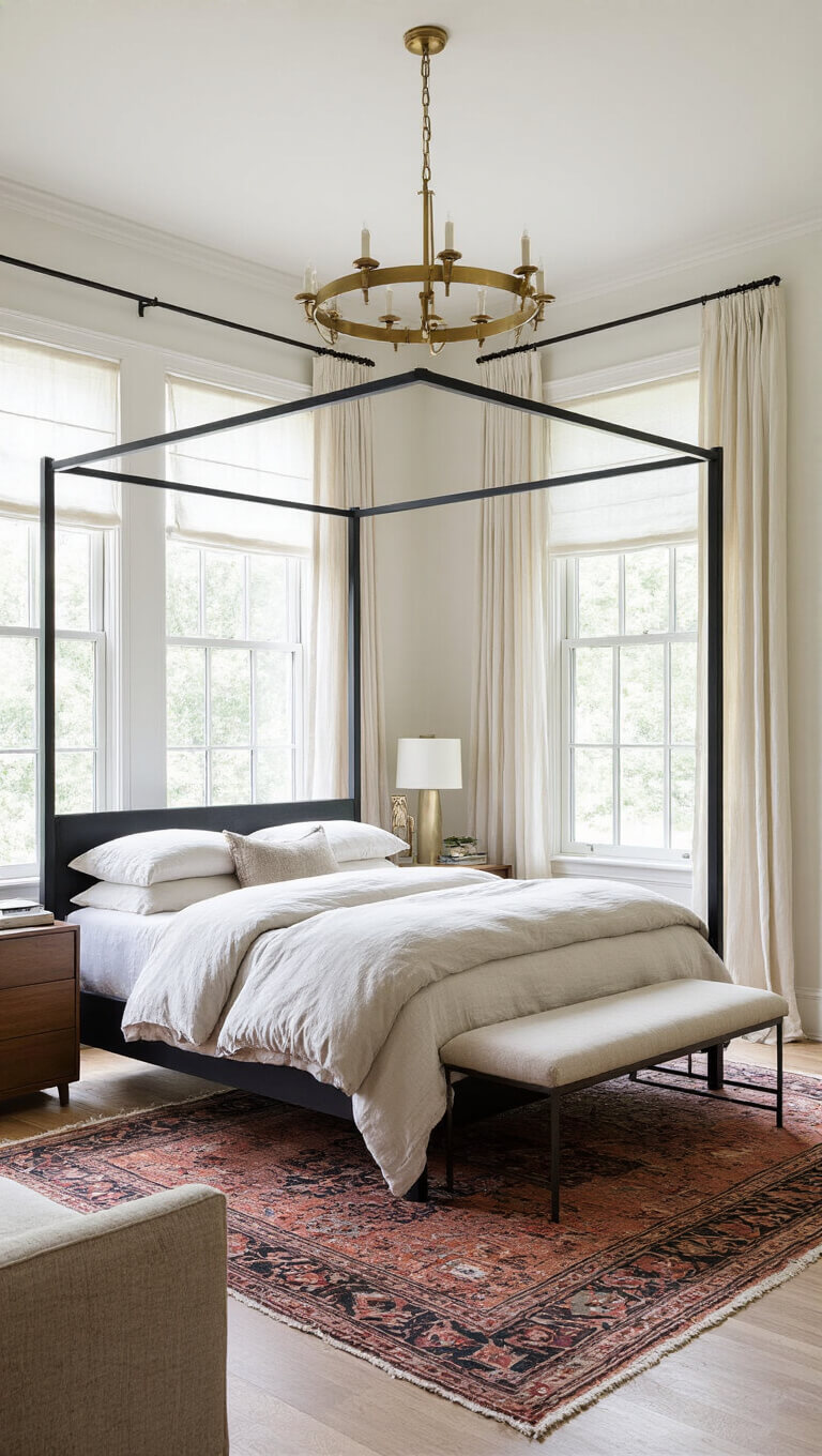 Gracious 16x18ft bedroom with bay windows, modern black canopy bed, vintage Moroccan rug over sisal, brass chandelier, and curated eclectic decor in soft natural light.