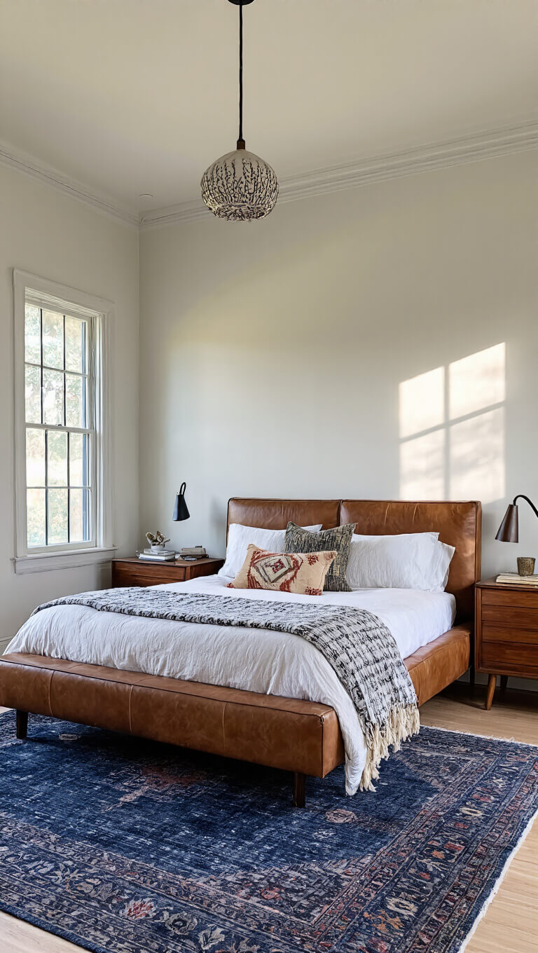 Intimate 12x14ft bedroom with low leather platform bed, vintage textile pillows, midcentury walnut nightstands, indigo overdyed rug, and soft dawn lighting.