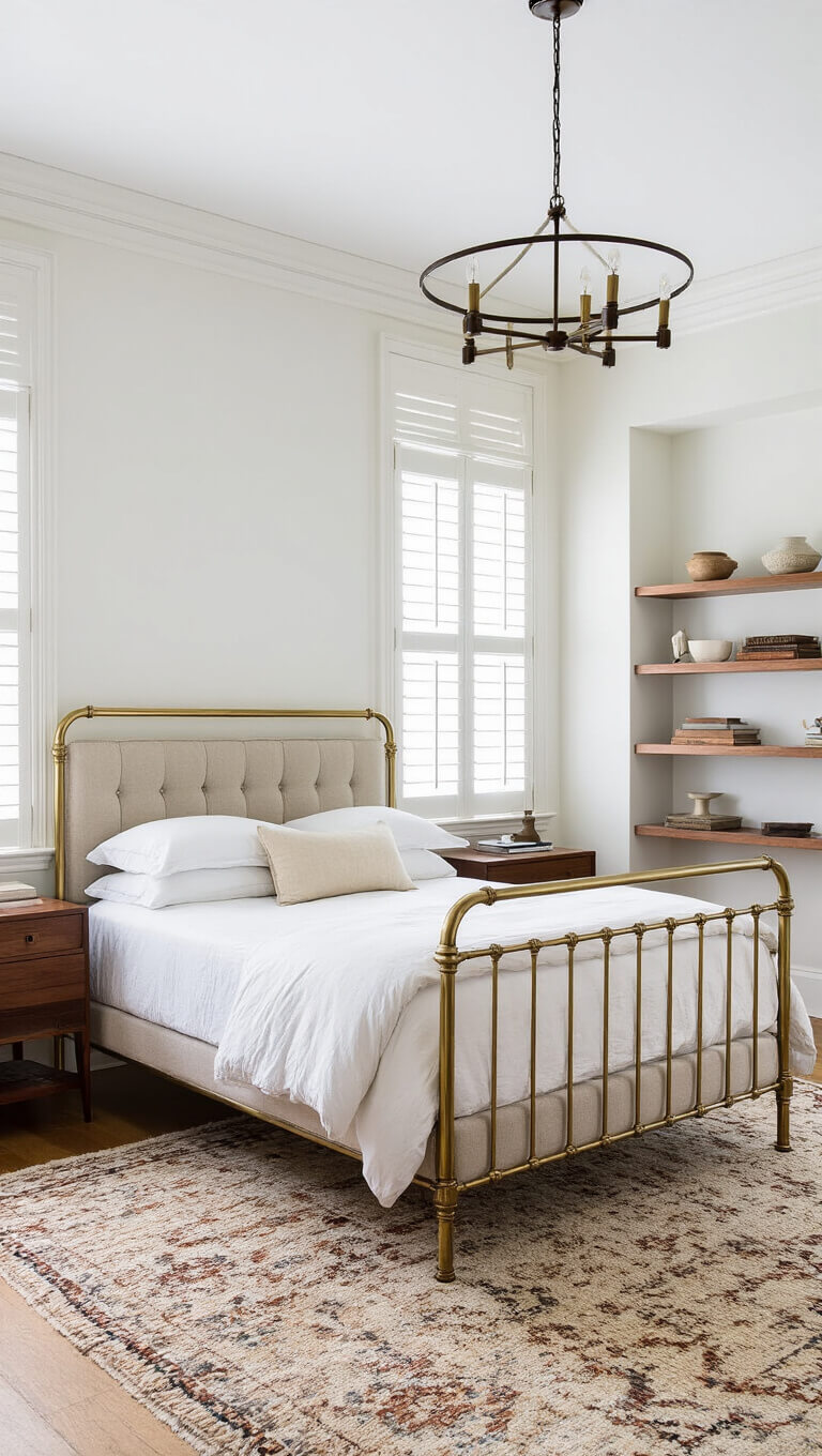 Stately 15x17ft bedroom with restored moldings, brass bed with modern tufted headboard, vintage Beni Ourain rugs, mixed-metal chandelier, and walnut shelves in bright natural light.
