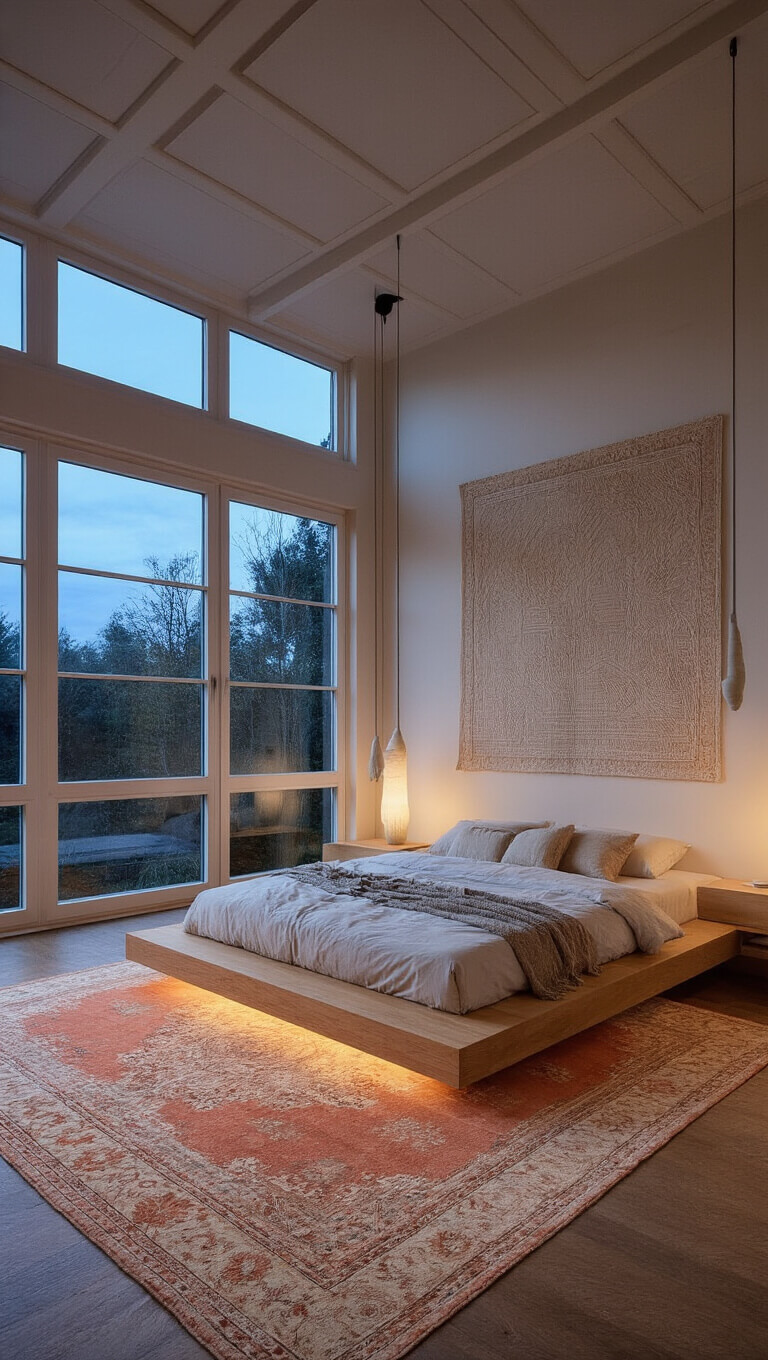 Serene modern bedroom with architectural ceiling, twilight light through steel windows, platform bed, vintage rug, and sculptural pendant lights.