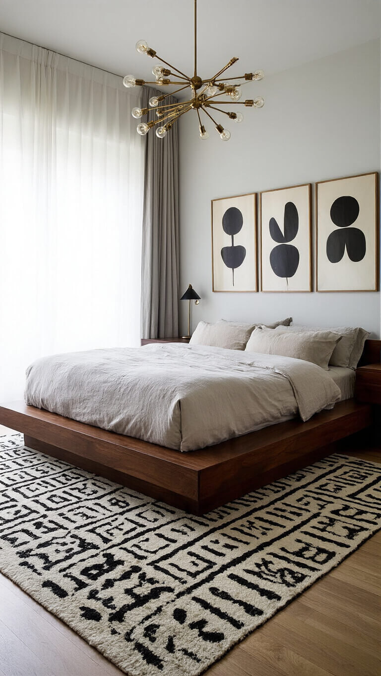 Minimalist vintage bedroom with low walnut platform bed, black and white Moroccan rug, brass mobile chandelier, and gallery wall of vintage abstract art.