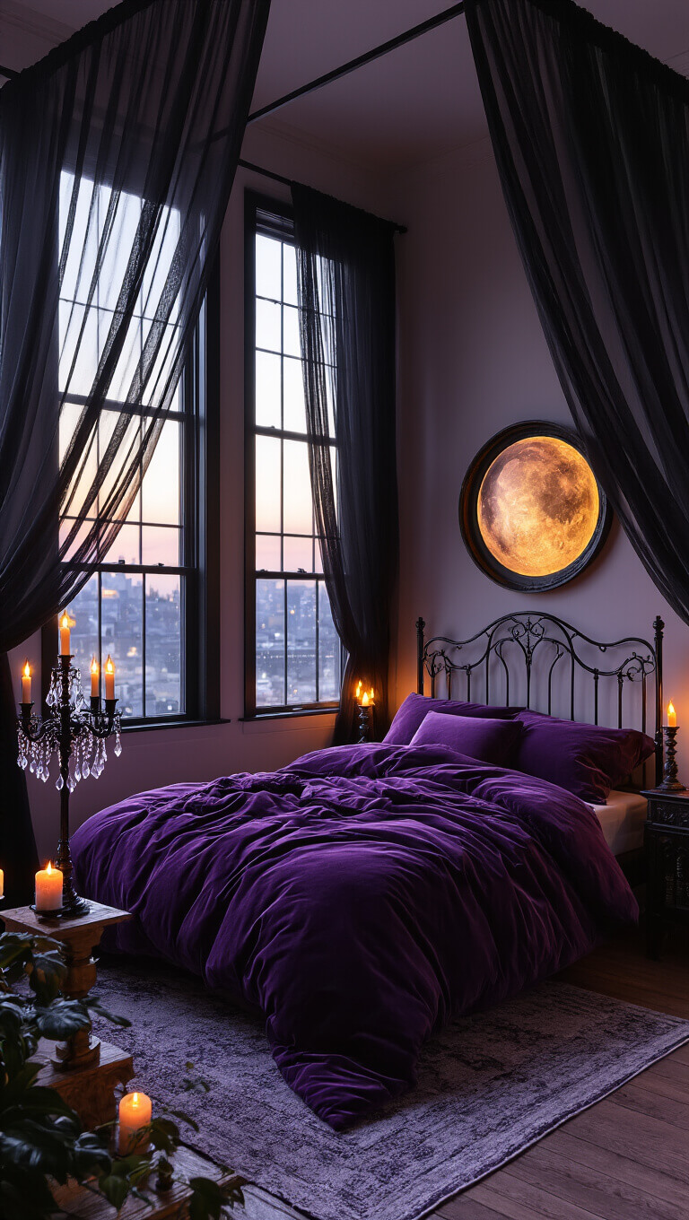 Moody twilight bedroom with black iron canopy bed draped in deep purple velvet, glowing Himalayan salt lamps, sheer black curtains, moon phase mirror reflecting golden light, amethyst clusters on shelves, and Victorian candelabras with crystal prisms.