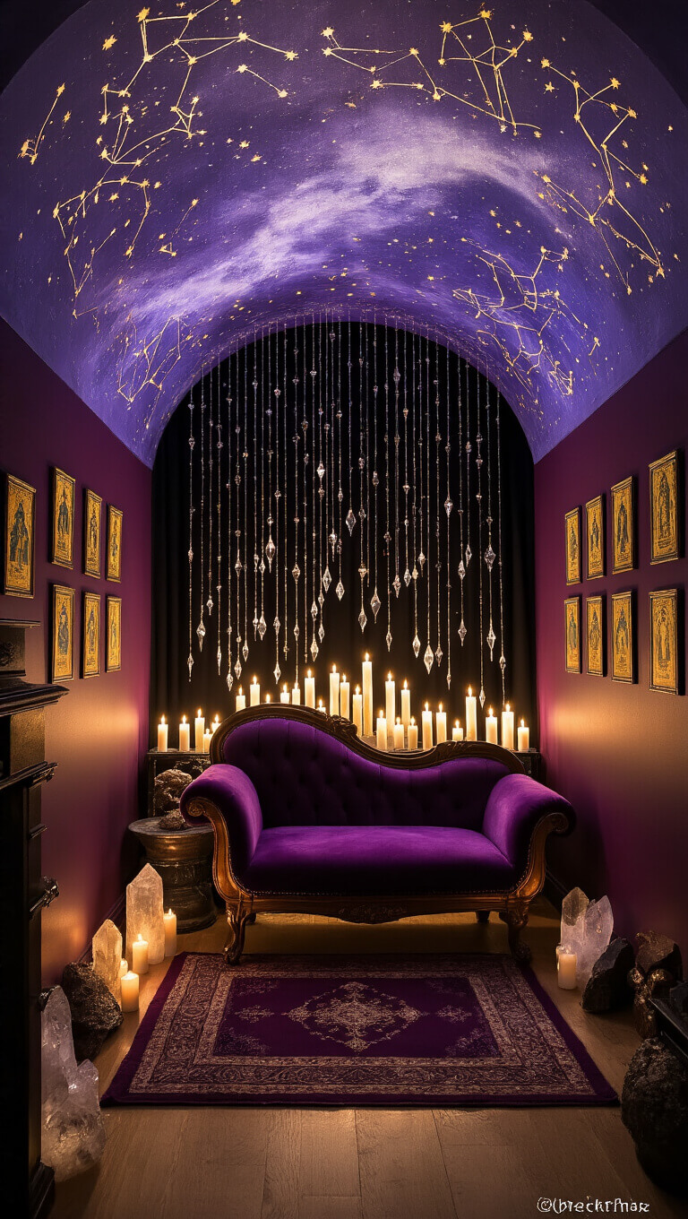Intimate alcove with antique purple velvet chaise, LED candles, celestial mural on curved ceiling, crystal curtain, framed vintage tarot cards on dark plum walls, and mixed textures of crystals, brass, and velvet.