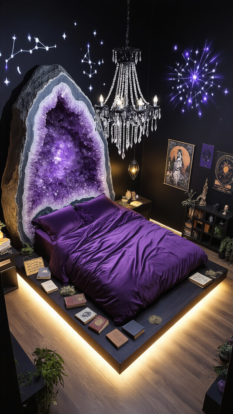 Bird's eye view of a moody 15x15ft bedroom with a giant amethyst geode headboard, a floating purple silk bed, star projections on black walls, glowing LED accents, crystal chandelier, and mystical decor.