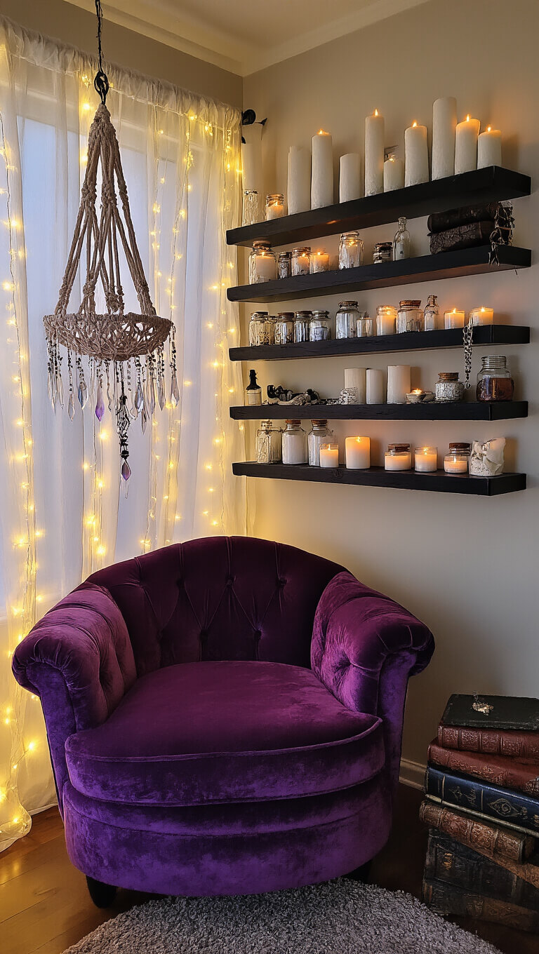 Cozy 11x13ft bedroom corner at a Dutch angle with a purple velvet armchair in a reading nook, macrame crystal holder overhead, black shelves holding candles, potion bottles, and ritual tools; fairy lights twinkle through sheer curtains, golden evening light shines through crystal prisms onto velvet, stone, and leather textures.