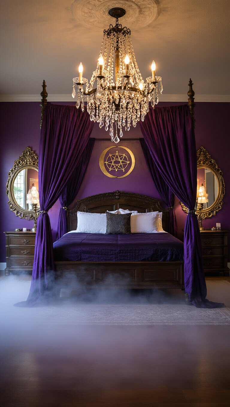 Master bedroom at golden hour with four-poster bed draped in deep purple and black silk, bronze chandelier overhead, moon phase wall art, antique brass mirrors, crystal grids, and subtle magical fog ambiance.