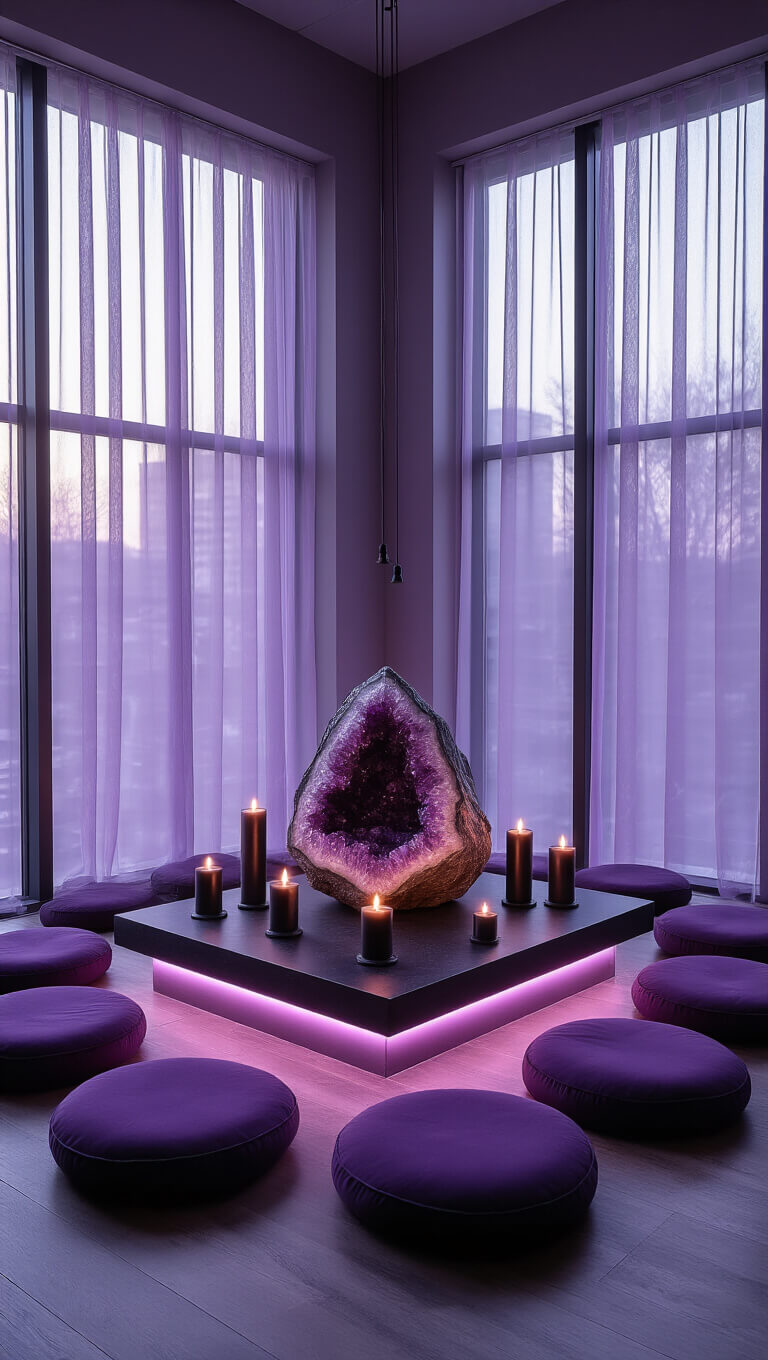 Minimalist 12x12ft meditation room with purple sheer-lit windows, floating amethyst crystal altar, black candles, circular purple cushions, framed modern witchy art, LED moon-phase lighting, and quartz points in corners.