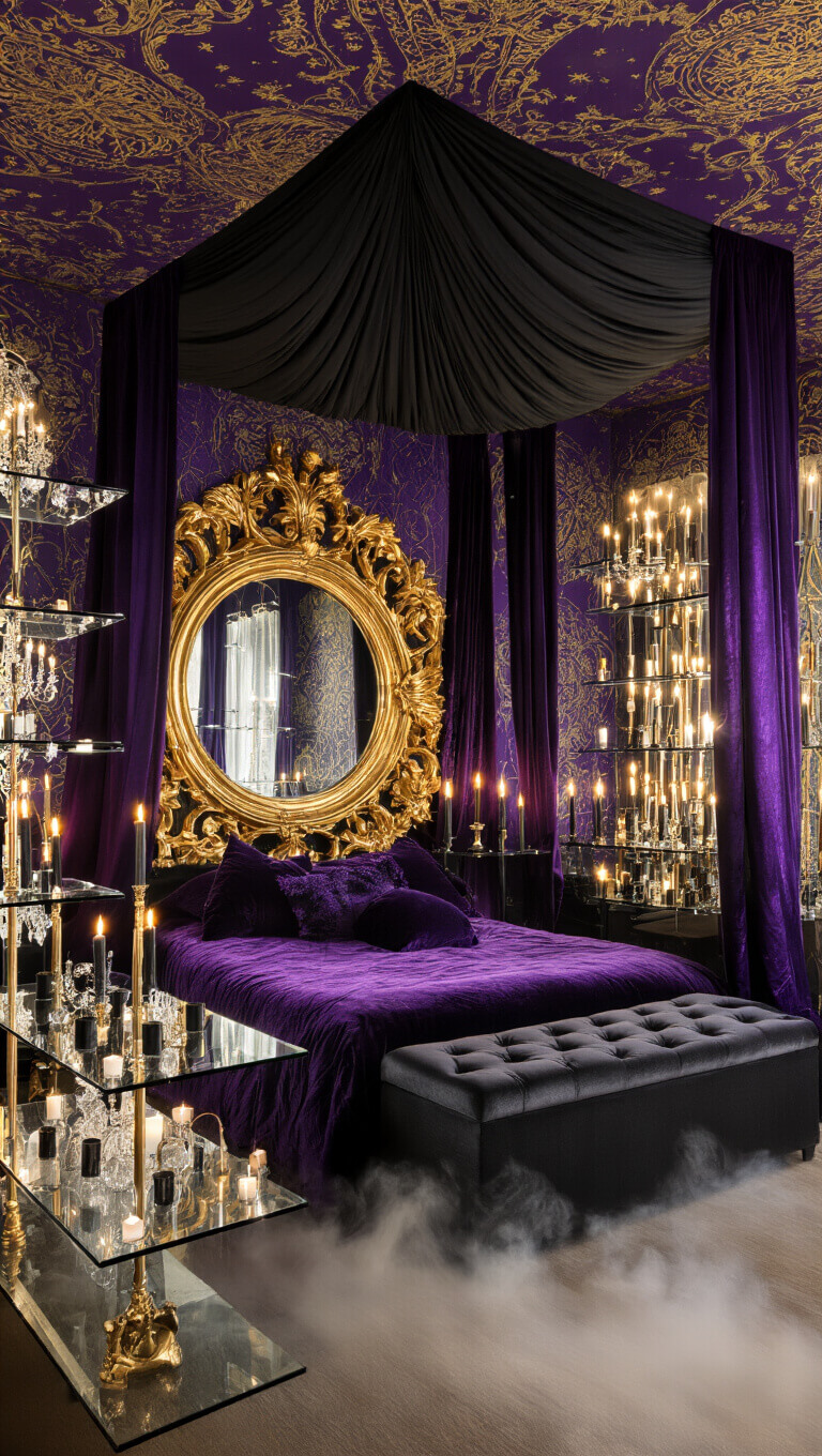 Luxurious 16x18ft primary suite with black canopy bed, purple velvet curtains, golden mirrors, crystal displays, and celestial wallpaper in dramatic lighting with smoke effect.