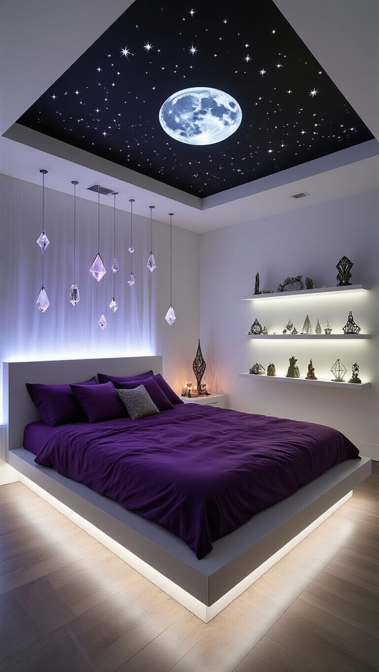 Modern witch's bedroom at night with purple silk pillows, LED constellations on black ceiling, moonlight through crystal windows, glowing shelves with ritual tools, and minimalist altar.