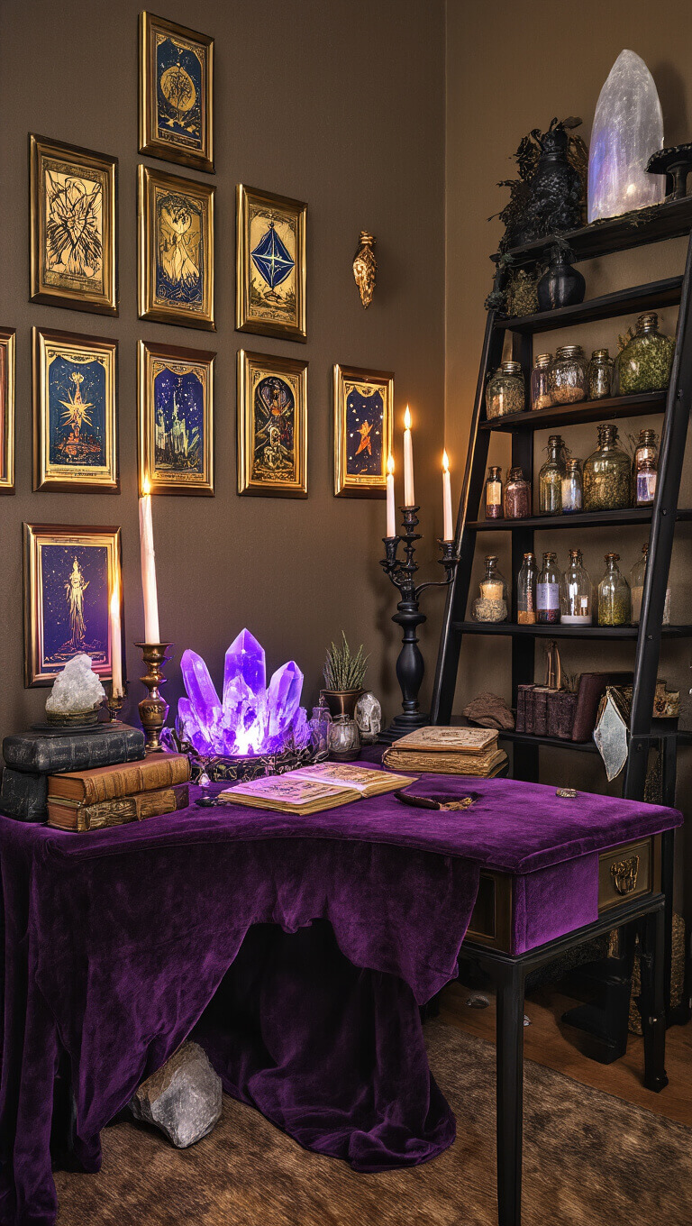 Magical 12x14ft study with vintage purple velvet desk, glowing crystals, ancient books, gold-framed tarot cards, potion shelves, warm salt lamp lighting, and star projector effects.