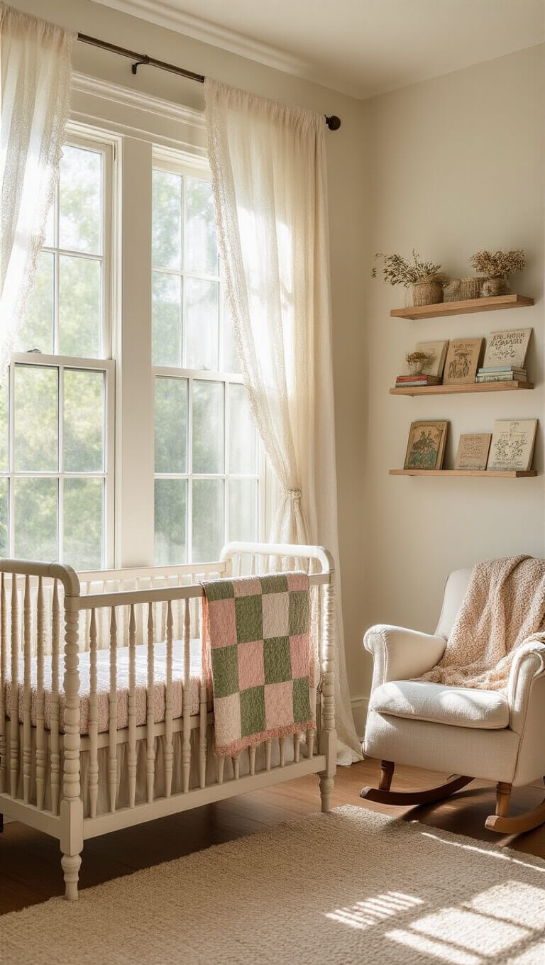 Sunlit nursery with vintage white crib, cream walls, bay window with lace curtains, and cozy rocking chair, captured in soft golden hour light.