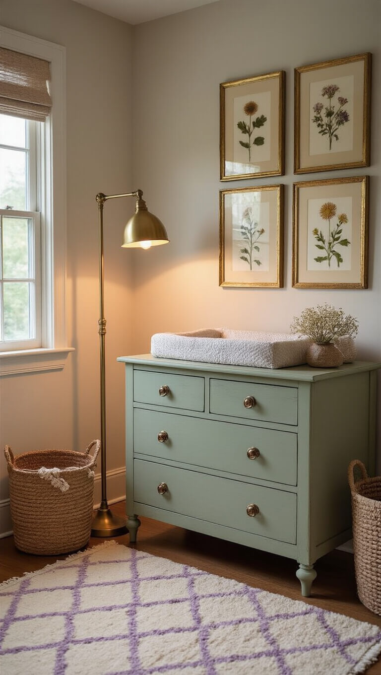 Cozy nursery at dusk with vintage floor lamp, sage green antique dresser as changing station, botanical gallery wall, and soft geometric wool rug.