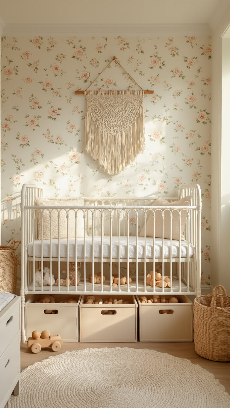 Vintage-style nursery with floral wallpaper, white iron crib, pastel toy boxes, and woven baskets in golden hour light.