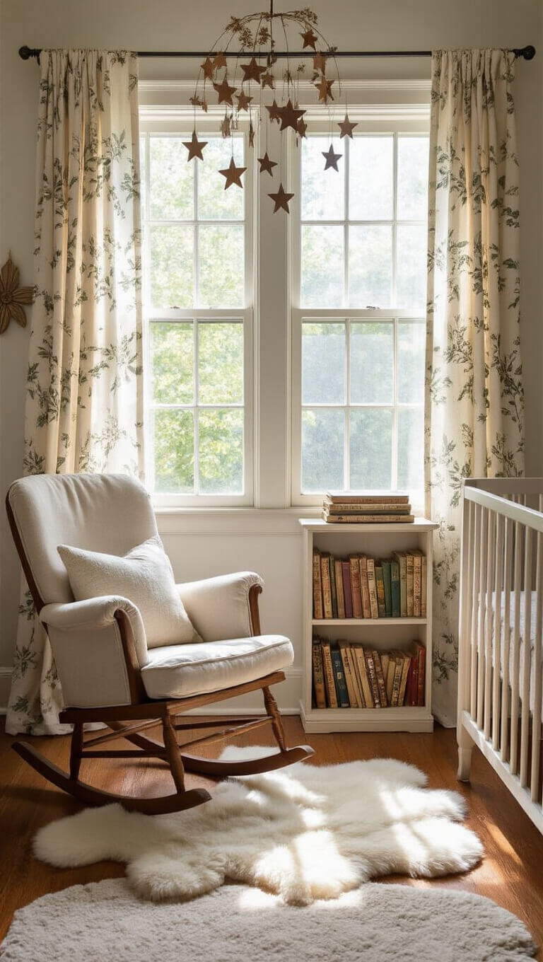 Whimsical nursery with botanical curtains, vintage rocking chair, and dried flower mobile in soft natural light.