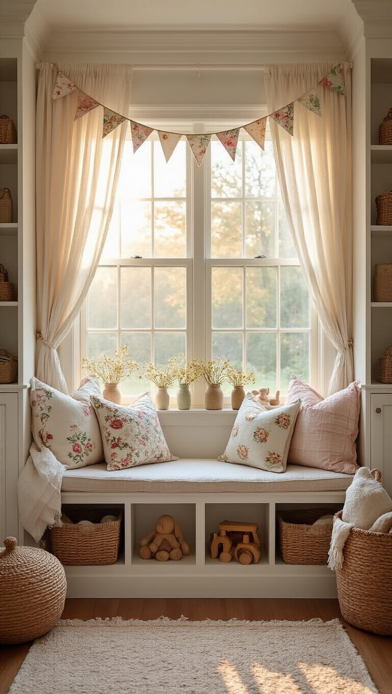 Sunlit nursery with window seat, floral cushions, pastel bunting, wooden toys, and dried wildflowers, viewed from doorway at sunrise.