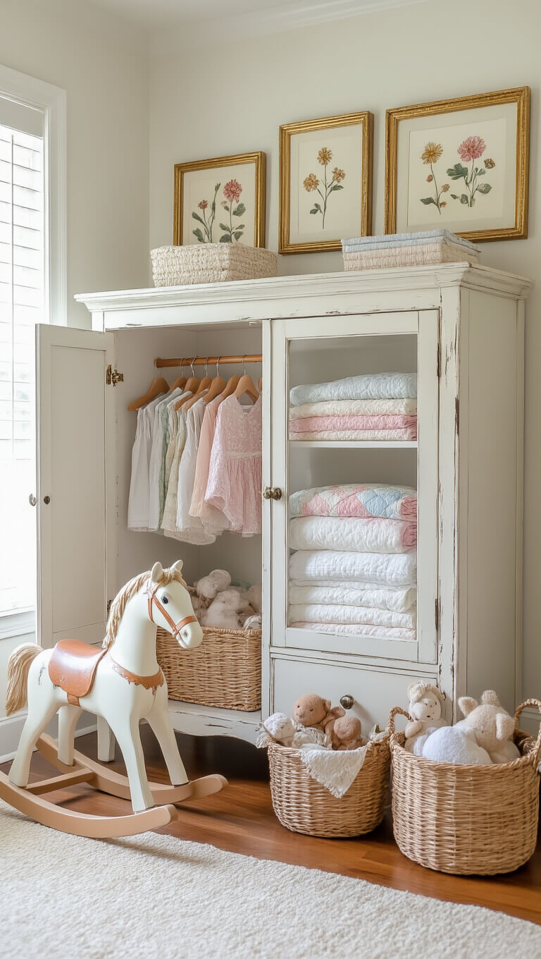Close-up of a bright nursery corner with vintage linens in an open white armoire, handmade quilts, a painted rocking horse, and pressed flower art in gilded frames under soft natural light.