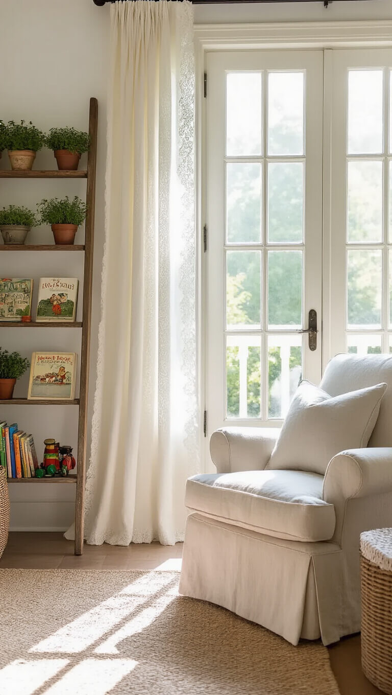 Cozy nursery with natural light, linen armchair, vintage ladder shelf of books and toys, and fluttering lace curtains.