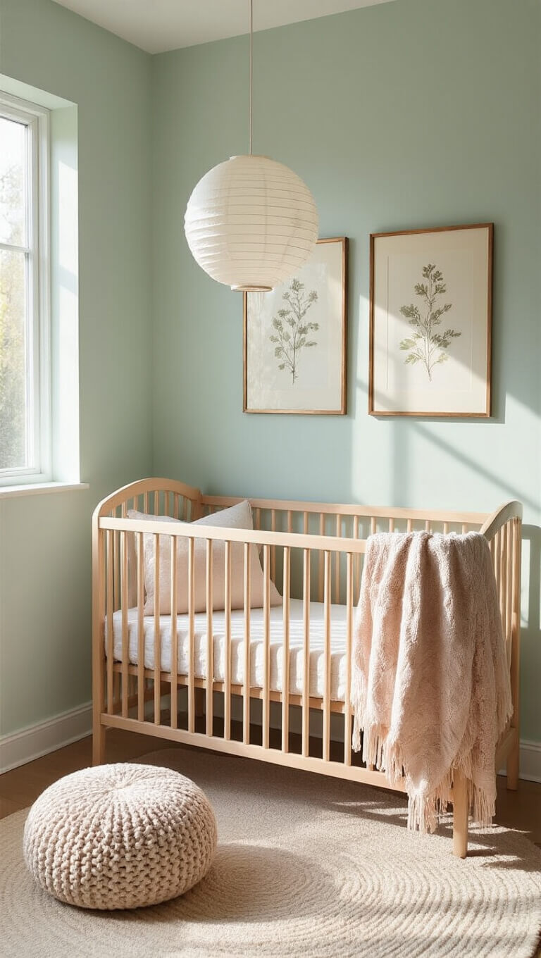 Aerial view of a softly lit nursery at dawn with pale mint walls, a wooden crib, copper-framed botanical prints, and cozy decor in cream and dusty rose tones.