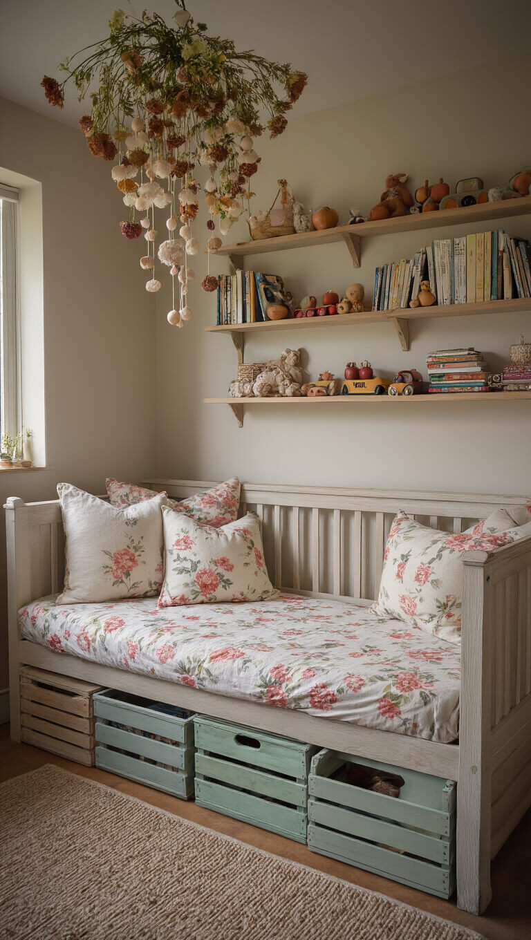 Cozy 11x13ft nursery nook at dusk with a vintage daybed, pastel apple crate book storage, inherited toys on shelves, and a dried flower mobile under warm ambient light.