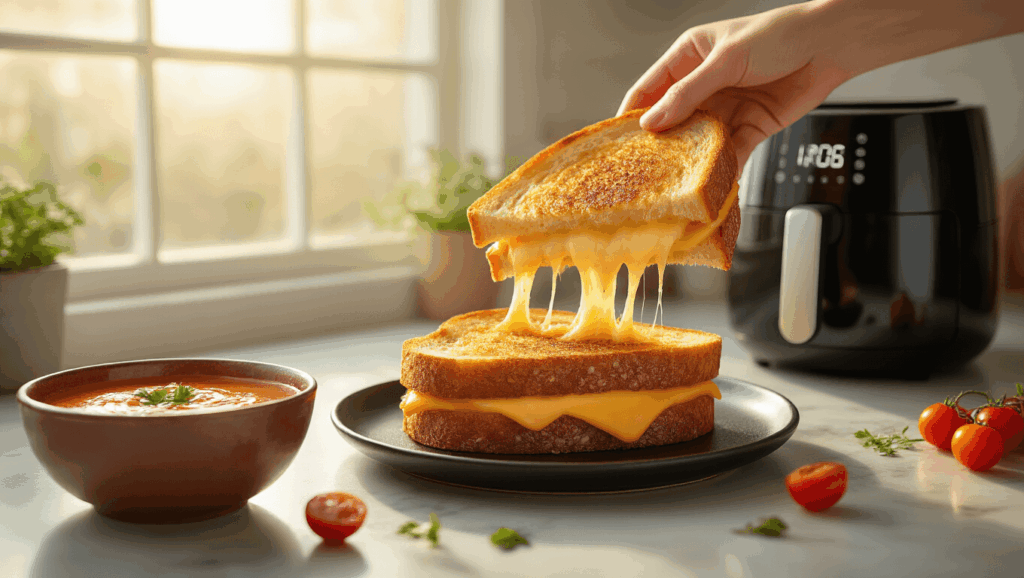 "Grilled cheese sandwich with dramatic cheese pull in golden hour sunlight, beside a bowl of artisanal tomato soup with a black air fryer in the background, on a marble countertop in a modern farmhouse kitchen"
