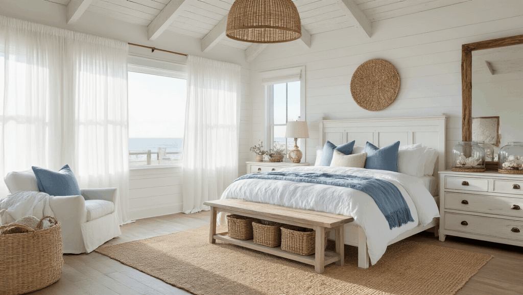 "Sunlit coastal farmhouse bedroom with white linen bedding, ocean-blue pillows, whitewashed exposed beams, and vintage coastal decor"