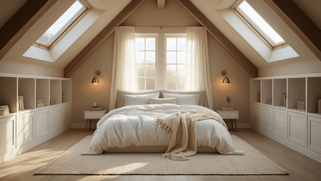 "Sunlit attic bedroom with a plush queen bed, ivory rug, built-in bookcases, seating area, and reading nook with window seat, decorated with cozy elements and natural light."
