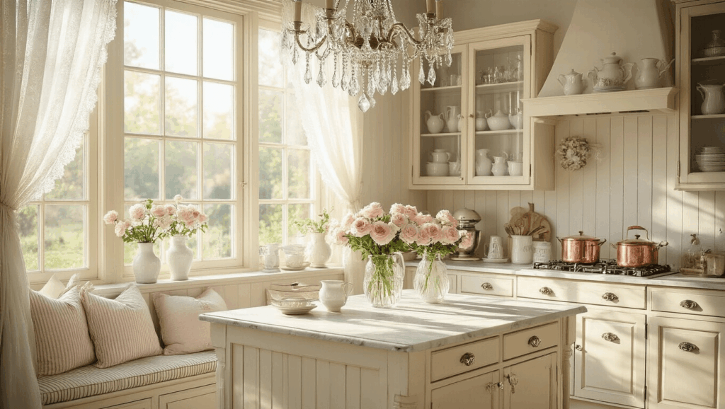 "Shabby chic kitchen with creamy distressed cabinets, vintage chandelier, marble island, and curated collections on open shelving, bathed in soft morning sunlight through lace curtains."
