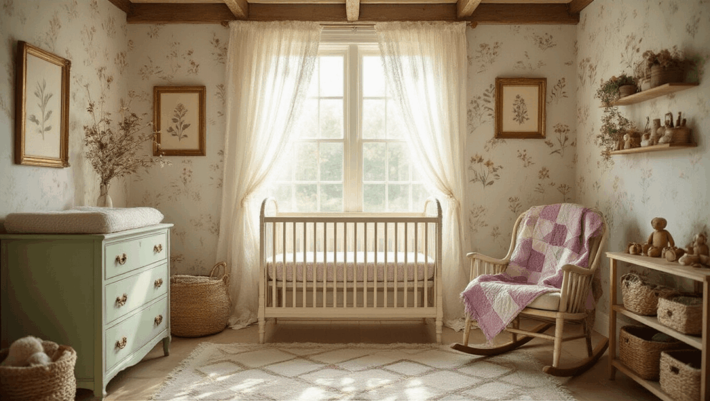 "Vintage cottagecore nursery with wooden crib, antique dresser, rocking chair with quilt, botanical prints, and dried flower decorations bathed in soft golden hour light"