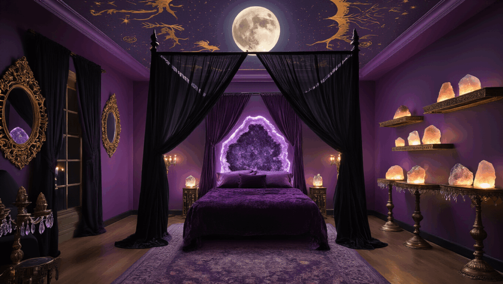 "Mystical purple witchy bedroom sanctuary with a four-poster bed, amethyst geode headboard, celestial mural walls, Himalayan salt lamps, Victorian candelabras, crystal shelves, and a corner altar under dramatic moonlight."