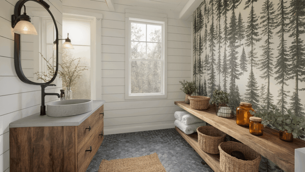 "Cozy cabin bathroom with natural elements, featuring a walnut vanity, slate grey tiles and forest-inspired wallpaper"