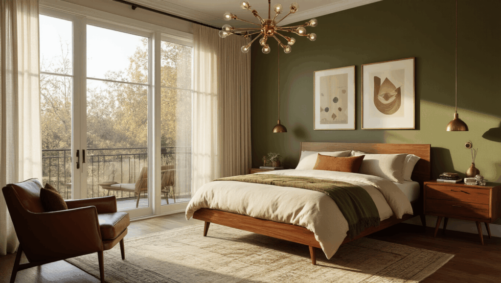 "Vintage modern bedroom bathed in golden hour light, with walnut furniture, brass fixtures, and olive green accents"