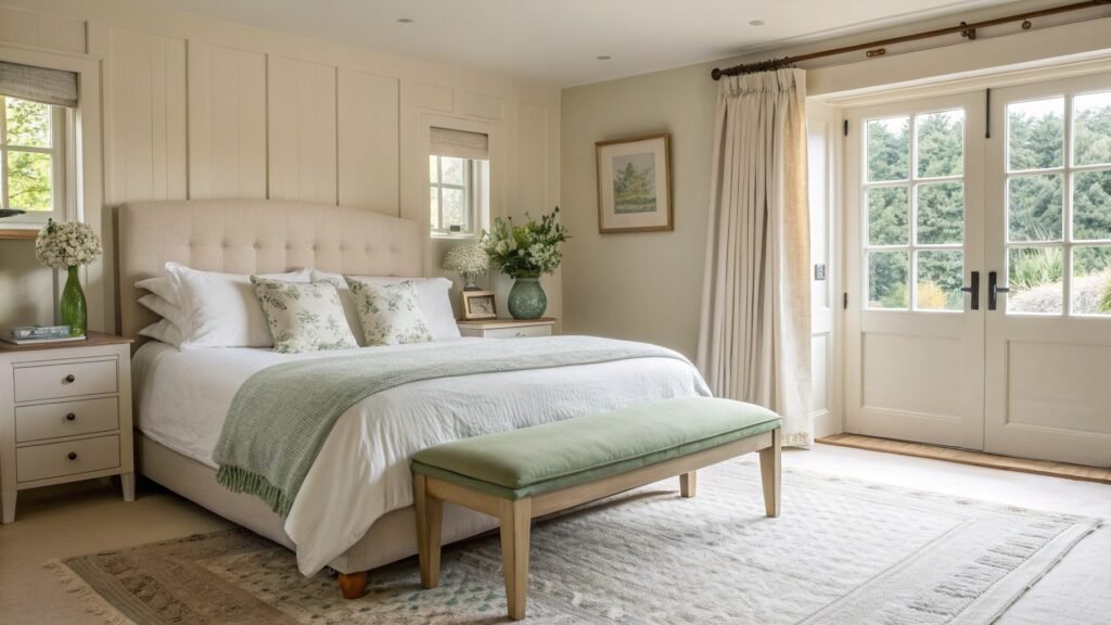 Cream bedroom with sage accents